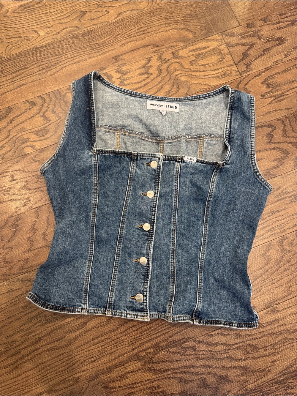 Wrangler + STAUD Women's Pleated Denim Corset Top in Blue - Picture 7 of 8
